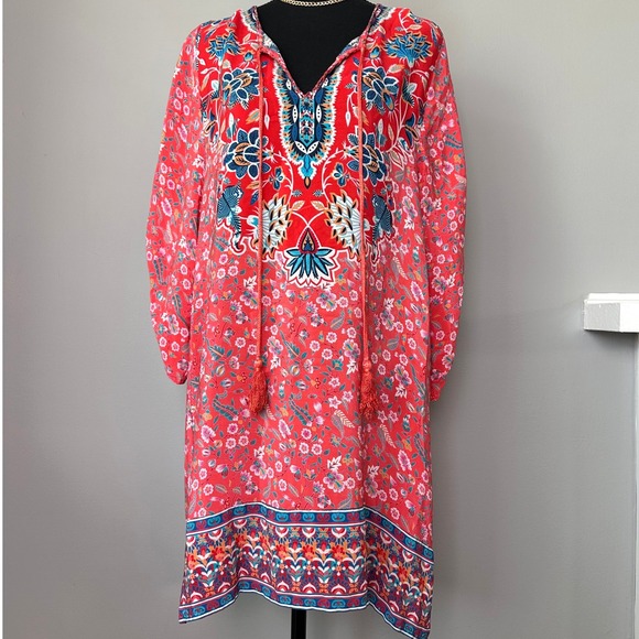 Tolani Silk Tunic Dress Large Red Floral Tassels Long Sleeve Luxe Boho Preppy - Picture 1 of 13